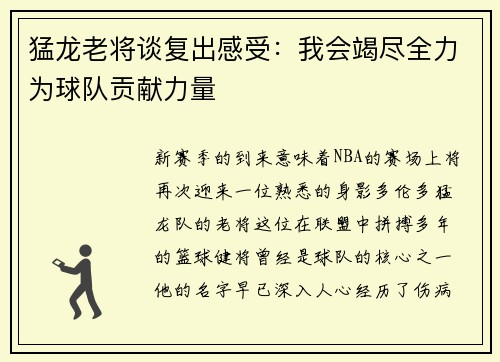 猛龙老将谈复出感受：我会竭尽全力为球队贡献力量
